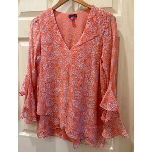 Vince Camuto Womens Pink Paisley Print V-Neck Ruffle Sleeve Sheer Blouse with li